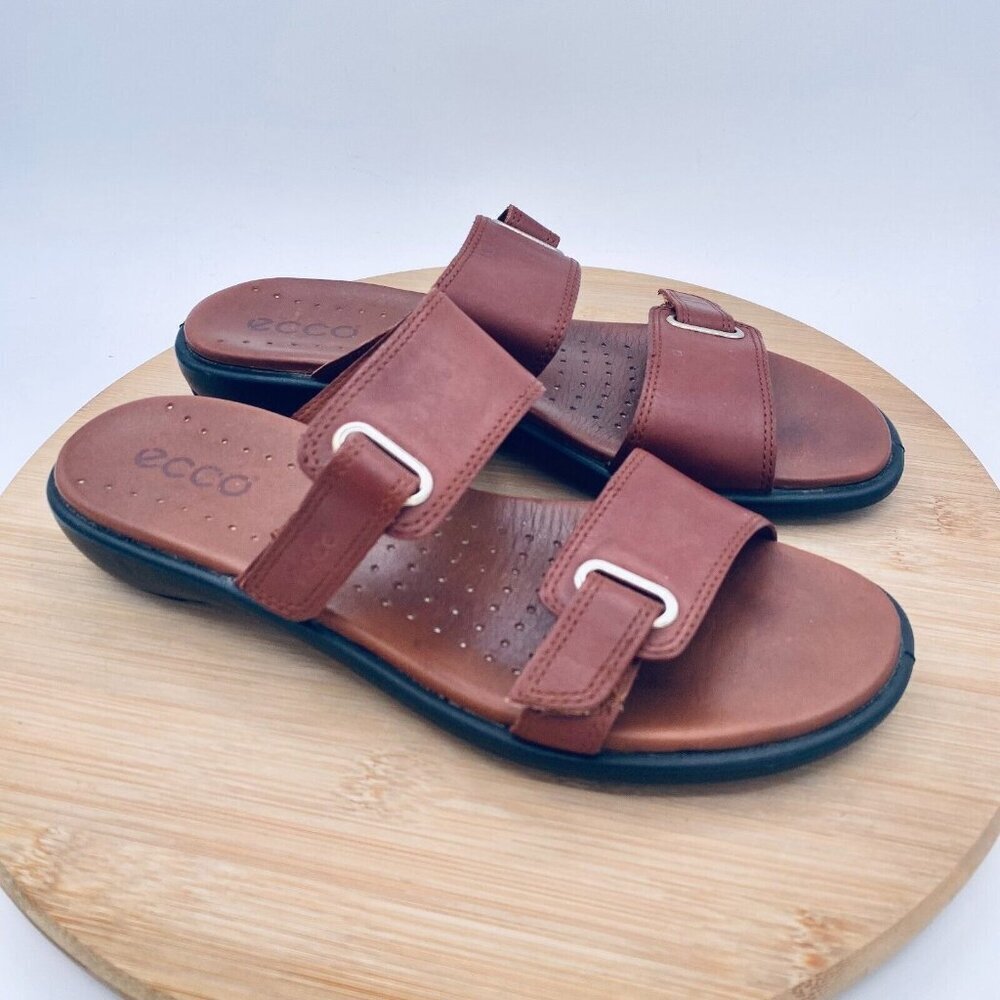 Ecco Sandals Womens 8.5 39 Brown Leather Double Strap Slides